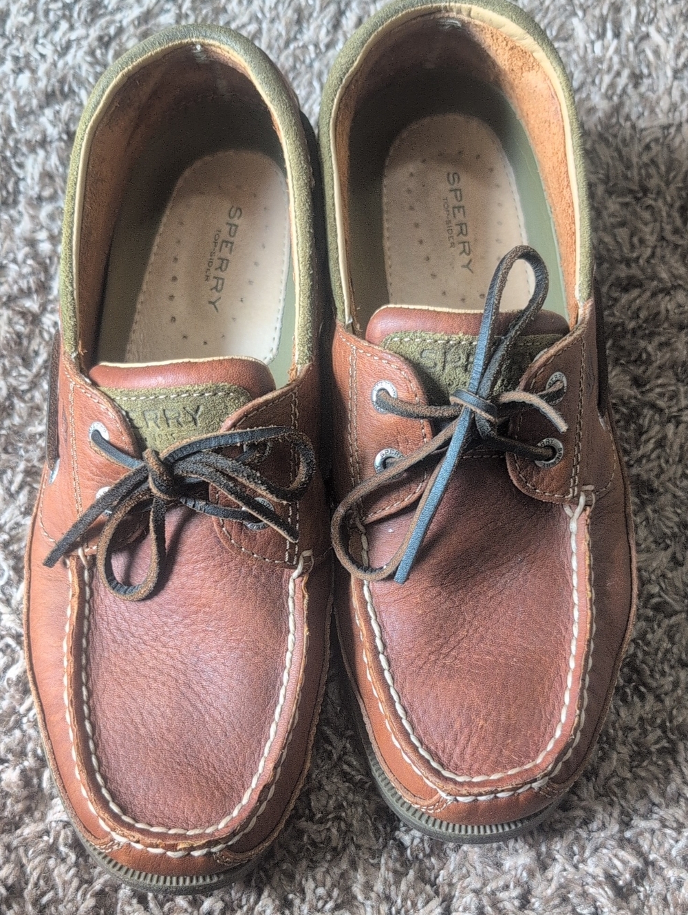 Sperry Brown Leather Boat Shoes with Olive Green Trim